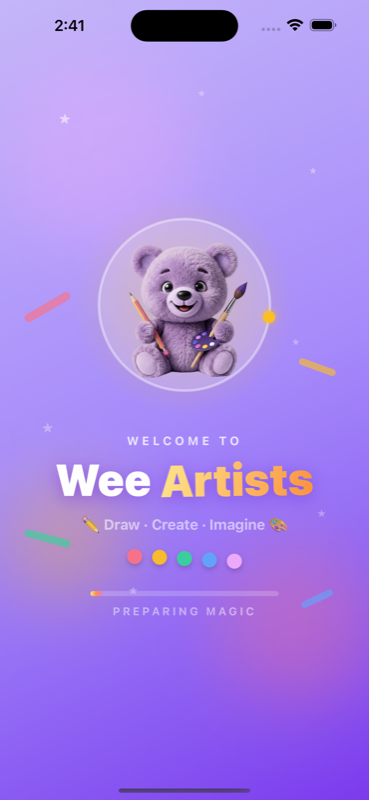 The Wee Artists welcome screen with the teddy bear mascot