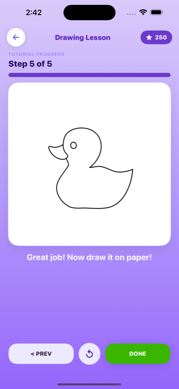 A finished drawing lesson - step 5 of 5 of a duckling, with 250 stars earned