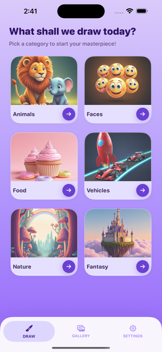 Choosing from six categories: Animals, Faces, Food, Vehicles, Nature and Fantasy